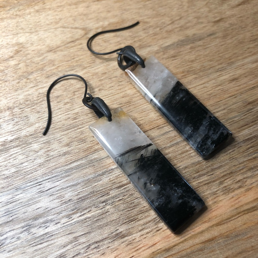 Black and White Rutilated Rectangle Quartz Earrings with Black Ear Wires
